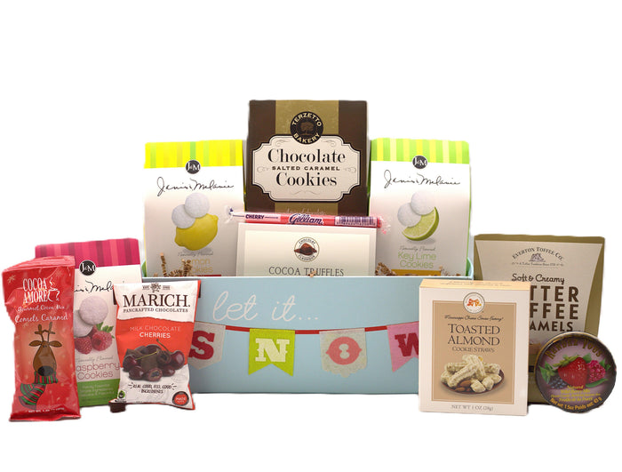Assorted winter gift basket with cookies, chocolate bars, nut snacks, and candy packs