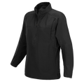 Product shot of a black soft-shell tactical shirt with quarter zip and reinforced elbow patches showing durable fabric and subtle stitching details