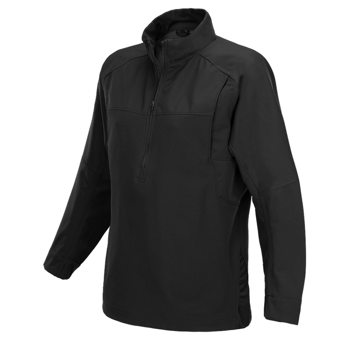 Product shot of a black soft-shell tactical shirt with quarter zip and reinforced elbow patches showing durable fabric and subtle stitching details