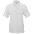 Product shot of a Flying MD white moisture-wicking polo shirt featuring a three-button placket and short sleeves against a blurry white background