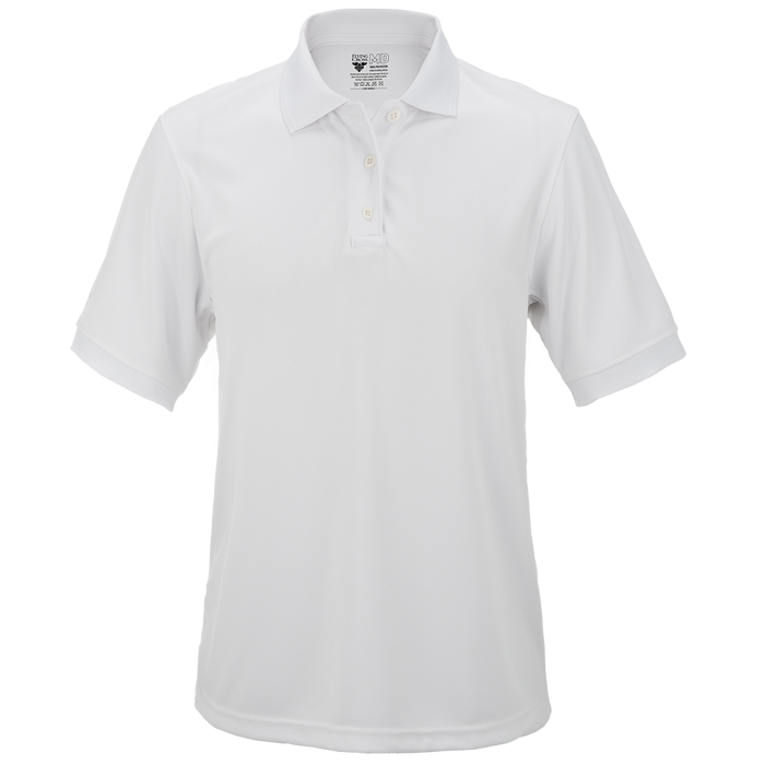 Product shot of a Flying MD white moisture-wicking polo shirt featuring a three-button placket and short sleeves against a blurry white background