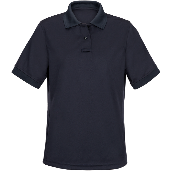 Product shot of a dark navy blue women's short sleeve polo shirt featuring a three button placket and ribbed collar