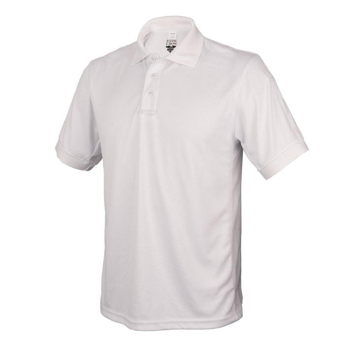 Product shot of a Flying Cross white short-sleeved polo shirt featuring a three-button placket and a small embroidered logo on the inner collar showcasing its breathable fabric and classic design