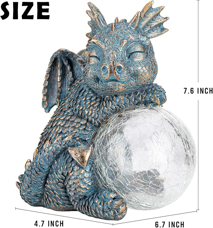 Blue sleeping dragon figurine with crackled globe, size diagram