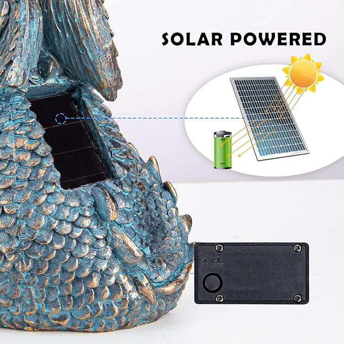 Blue dragon statue beside solar panel and battery box for powered globe light