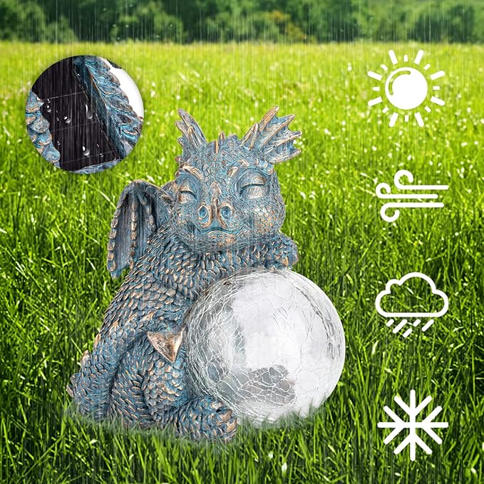 Blue dragon solar garden light with crackled glass globe