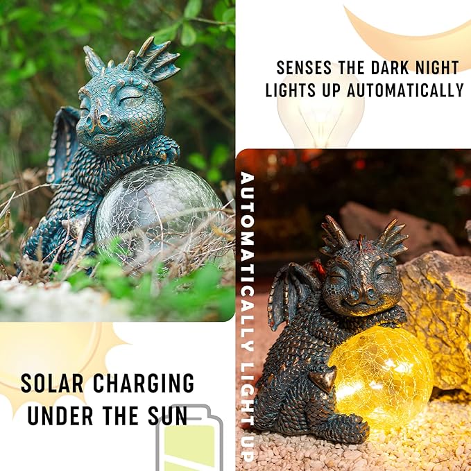 Blue sleeping dragon figurine with glowing crackled globe solar light