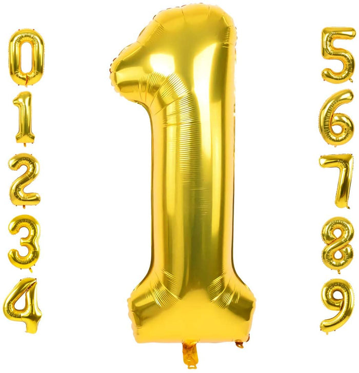Gold foil balloon number 0, metallic yellow, upright on a plain background