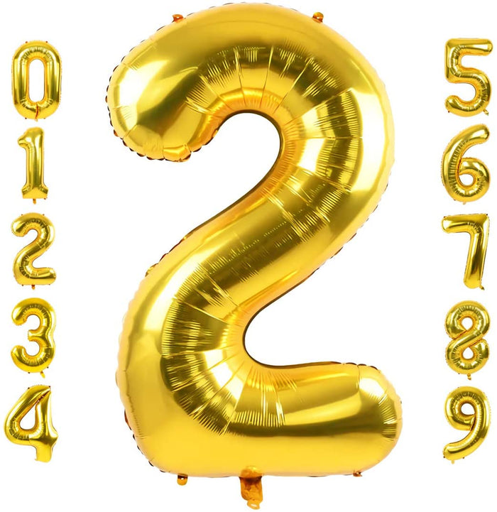 Gold foil balloon number 2, metallic yellow balloon with small hanging tabs